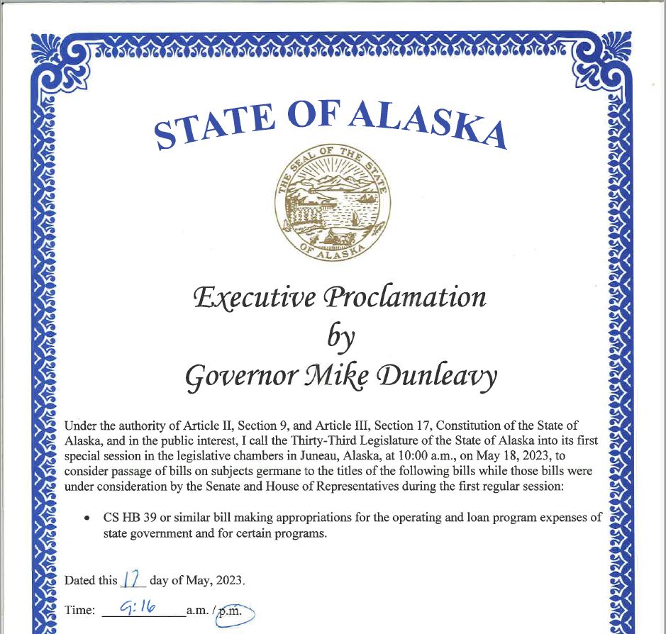 <a href="https://akleg.gov/docs/pdf/2023-Special-Session-Proclamation.pdf" target="_blank" style="font-weight:bold;color:blue;">Governor Dunleavy has called the 33rd Legislature into special session.</a> Please view the proclamation under the Popular Column.